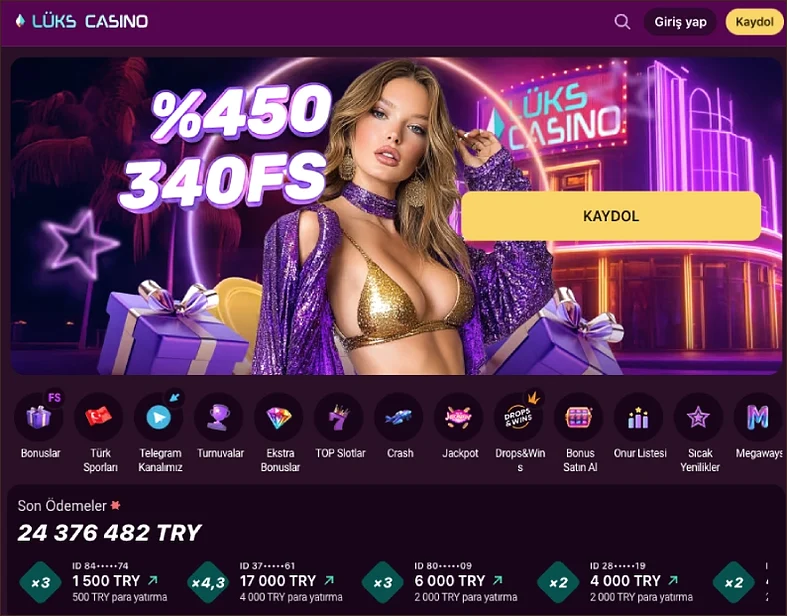 Son ödemeler listesi Ana sayfanın %450 340FS afişinin altında Son Ödemeler listesi; 17 000 TRY ve 4 000 TRY para yatırım kartları okunuyor