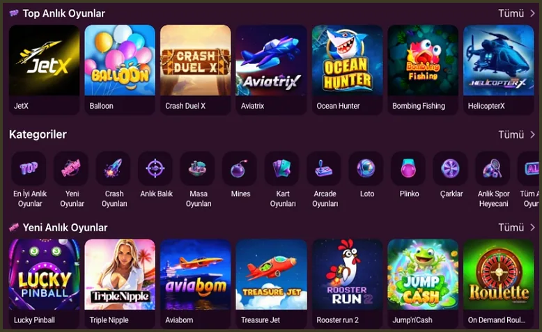 Anlık oyunlar vitrini Top Anlık Oyunlar altında JetX, Balloon ve Crash Duel X; Mines, Plinko, Çarklar kategorileri ile Yeni Anlık Oyunlar satırı