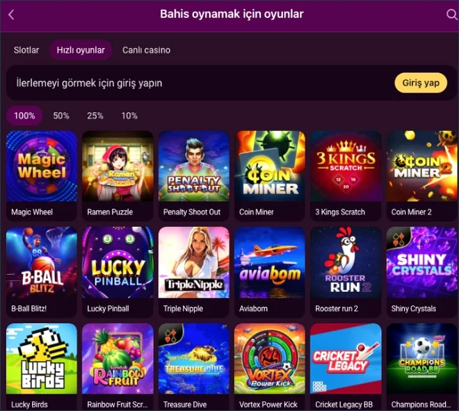 Hızlı oyun kapakları Hızlı oyunlar sekmesinde Magic Wheel, Penalty Shoot Out, Coin Miner ve Aviabom kapakları, üstte giriş yapma uyarısıyla