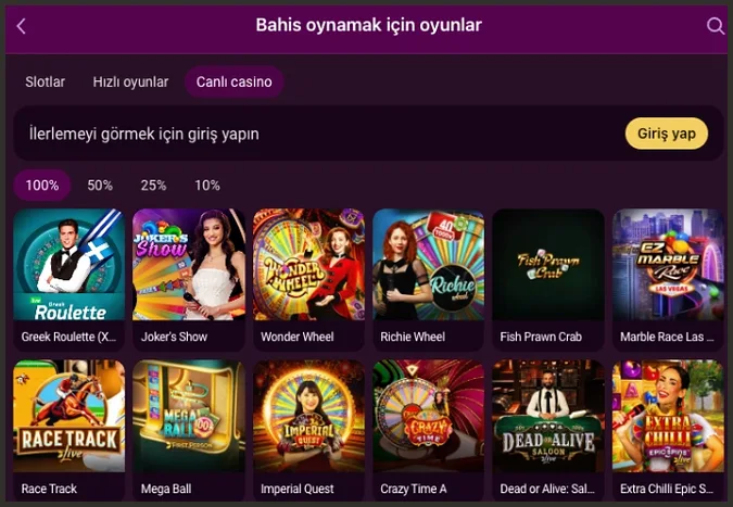 Bahis için canlı masalar Canlı casino sekmesindeki oyun listesinde Greek Roulette, Wonder Wheel, Mega Ball ve Dead or Alive Saloon masaları yer alıyor