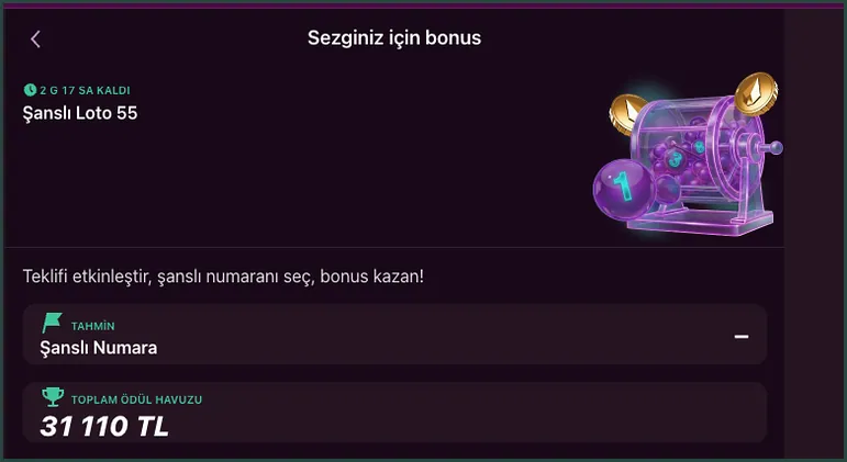 Şanslı Loto teklifi Sağ tarafta loto tamburu çizimi bulunan Şanslı Loto 55 teklifi, numara seçip bonus kazanmayı anlatan metinle