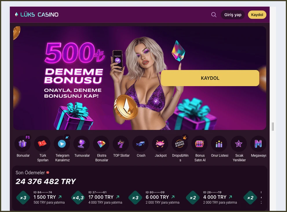 Ana sayfa ödeme kartı Tarayıcı çerçevesindeki ana sayfada 500₺ deneme bonusu afişi, kısayol satırı ve Son Ödemeler altındaki 6 000 TRY kartı
