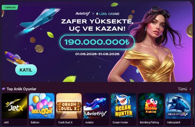 Aviatrix turnuva afişi Aviatrix turnuvası afişinde ZAFER YÜKSEKTE, UÇ VE KAZAN! başlığı, 190.000.000₺ havuz ve 01.06.2026-31.08.2026 tarihleri okunuyor