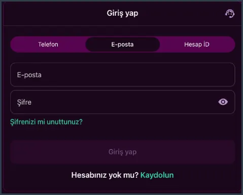 Şifre kurtarma bağlantısı Giriş yap penceresinde Telefon, E-posta, Hesap İD sekmeleri ile Şifrenizi mi unuttunuz? bağlantısı yer alıyor