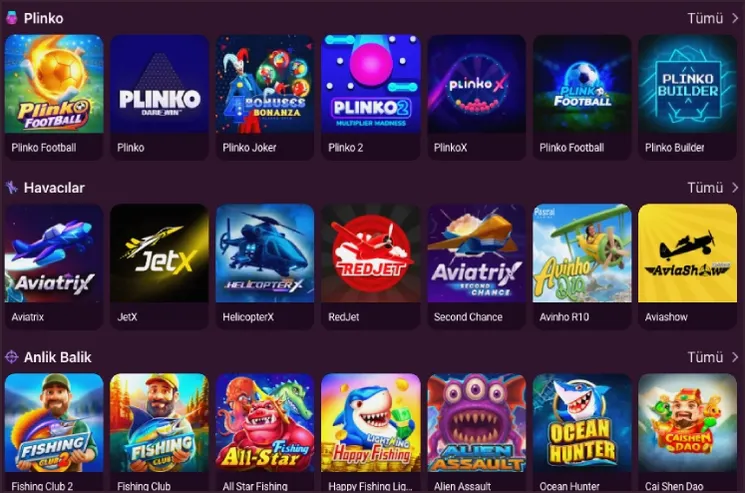 Plinko ve crash satırları Plinko Football, PlinkoX ve Plinko Builder oyunlarının olduğu satır; altında Aviatrix, JetX ile Havacılar ve Anlık Balık sıraları var