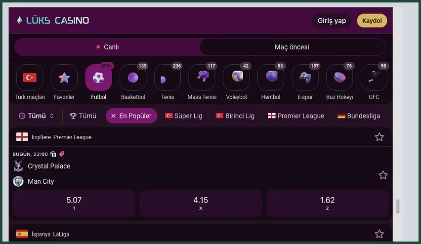 Premier League maçları Futbol listesinde Premier League filtresi ve Bundesliga seçeneği açık; BUGÜN 22:00 için Crystal Palace - Man City maçı gösteriliyor