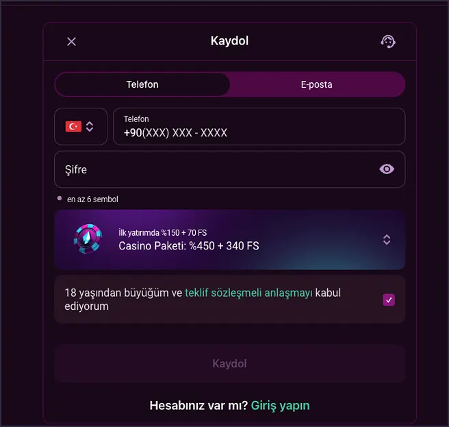 Kayıt formunun Telefon sekmesinde +90 telefon alanı, şifre kutusu ve Casino paketi seçimi alt alta sıralanıyor