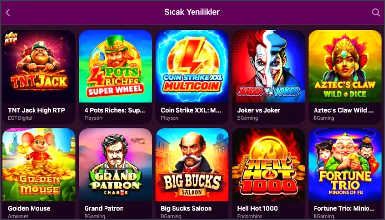 Sıcak yenilik slotları Sıcak Yenilikler listesinde TNT Jack High RTP, Coin Strike XXL, Aztec's Claw ve Hell Hot 1000 gibi yeni slot kapakları sıralanıyor