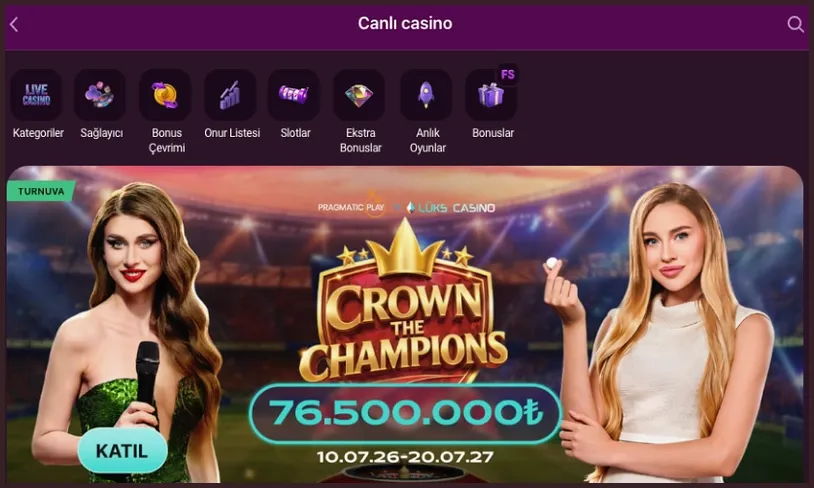 Canlı casino sayfasının üst şeridinde Sağlayıcı, Bonus Çevrimi, Onur Listesi ve Slotlar simgeleri, altında Pragmatic Play turnuva afişi