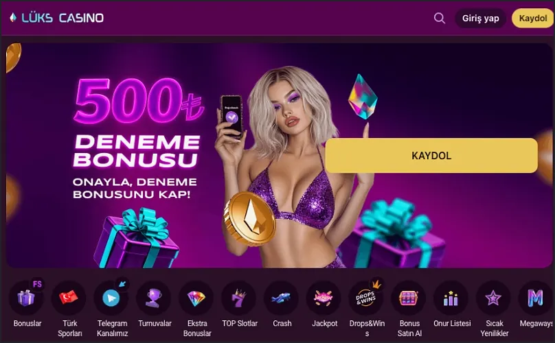 Ana sayfa üstündeki 500₺ DENEME BONUSU afişi, ONAYLA, DENEME BONUSUNU KAP! yazısı ve sarı Kaydol düğmesiyle