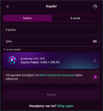 Kaydol penceresinde E-posta ve Şifre alanları, İlk yatırımda %150 + 70 FS satırı ve alttaki Giriş yapın bağlantısı görünüyor