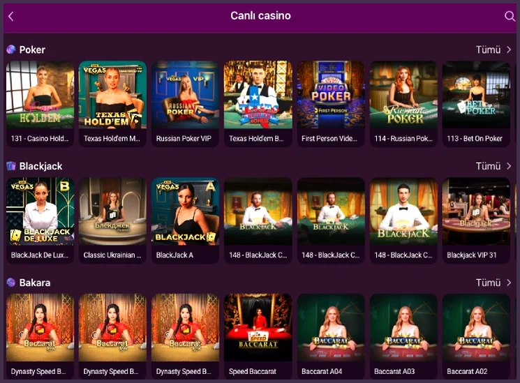 Poker ve blackjack masaları Canlı casino sayfasının Poker, Blackjack ve Bakara satırlarında Texas Hold'em, BlackJack De Luxe ile Speed Baccarat masaları görünüyor