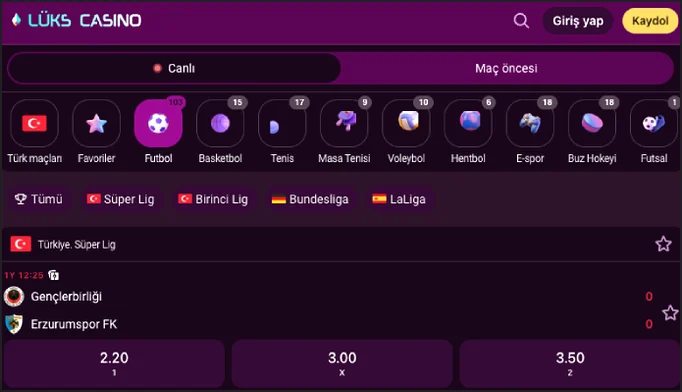 Lüks Casino spor bölümünde Canlı sekmesi açık, Futbol seçili; Gençlerbirliği - Erzurumspor FK maçı 2.20, 3.00 ve 3.50 oranlarıyla listeleniyor