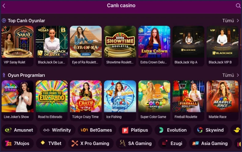 Top Canlı Oyunlar altında VIP Saray Rulet ve Eye of Ra Roulette, onun altında Oyun Programları ile Evolution, BetGames sağlayıcı çipleri