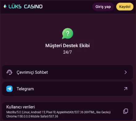 Müşteri Destek Ekibi 24/7 sayfasında Çevrimiçi Sohbet ve Telegram satırları ile Kullanıcı verileri kutusu görünüyor